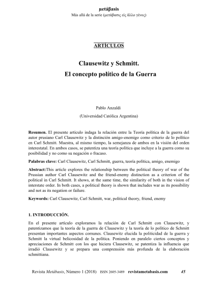 Pablo Anzaldi, Clausewitz y Schmitt. El concepto político de la Guerra