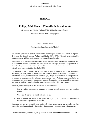 Felipe Giménez Pérez, Philipp Mainländer. Filosofía de la redención